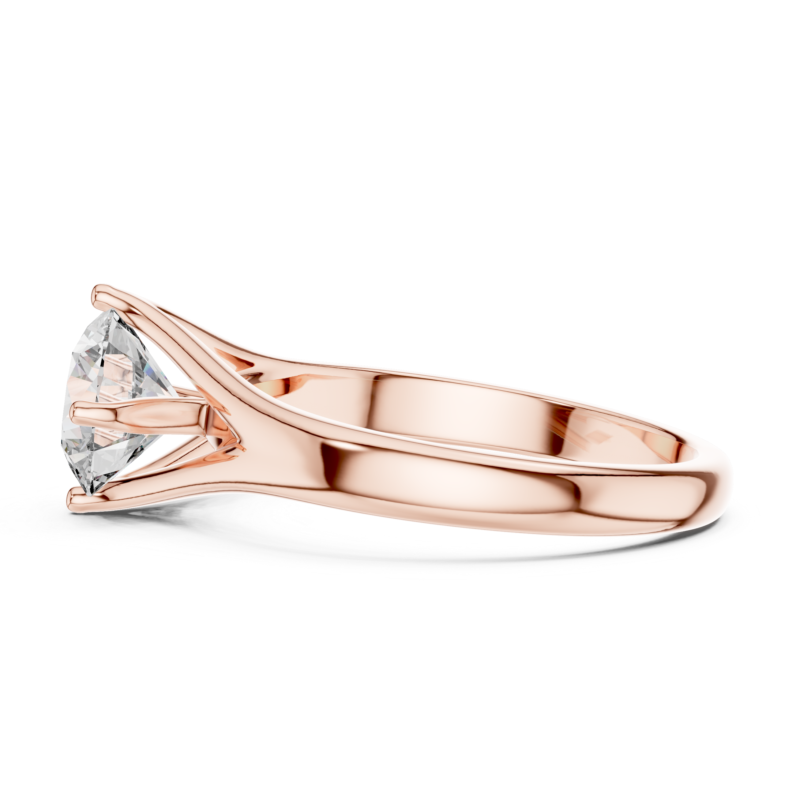 Rose gold ring with a large diamond on a white background